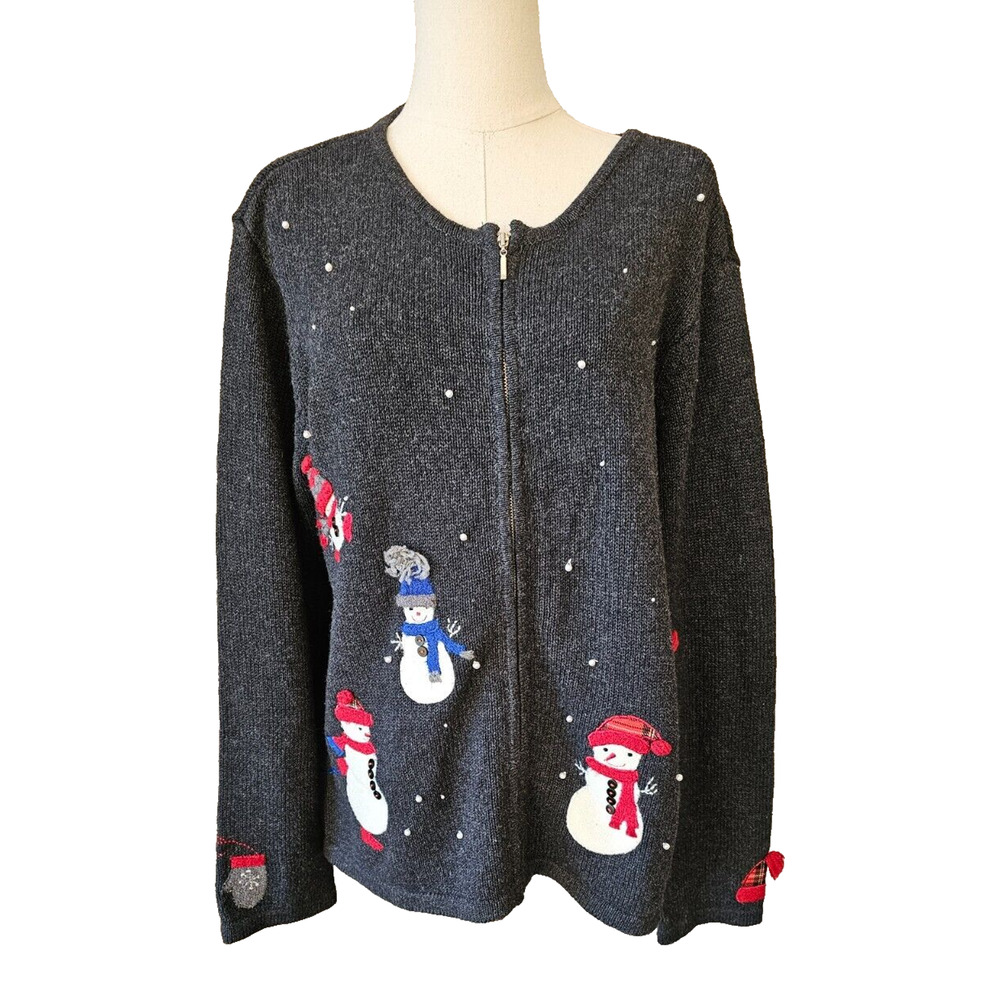 VTG Crazy Horse Full Zip Cardigan Sweater Sz L Gray 3D Snowman‎ Christmas Winter